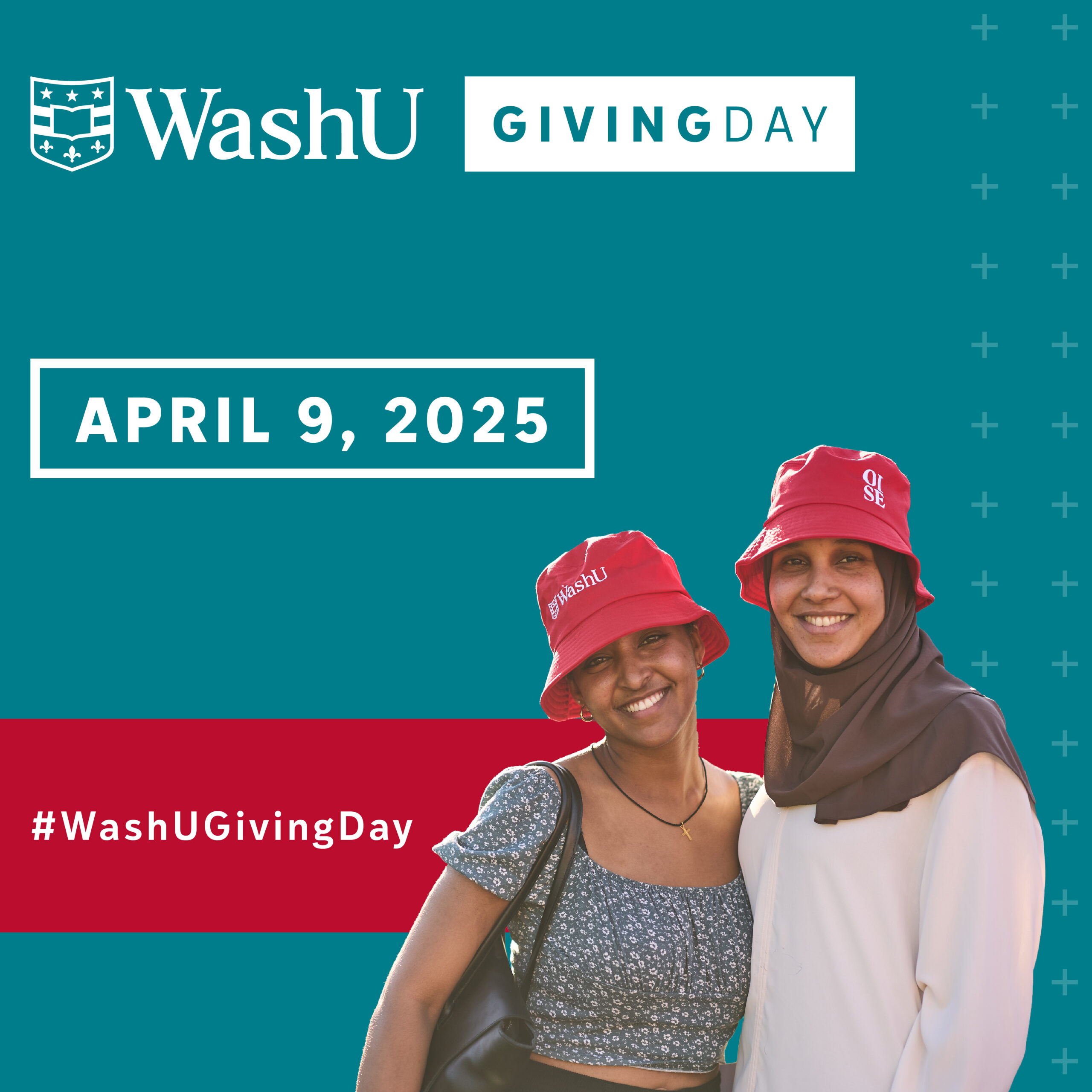 Social post image for WashU Giving Day featuring two students wearing red WashU bucket hats