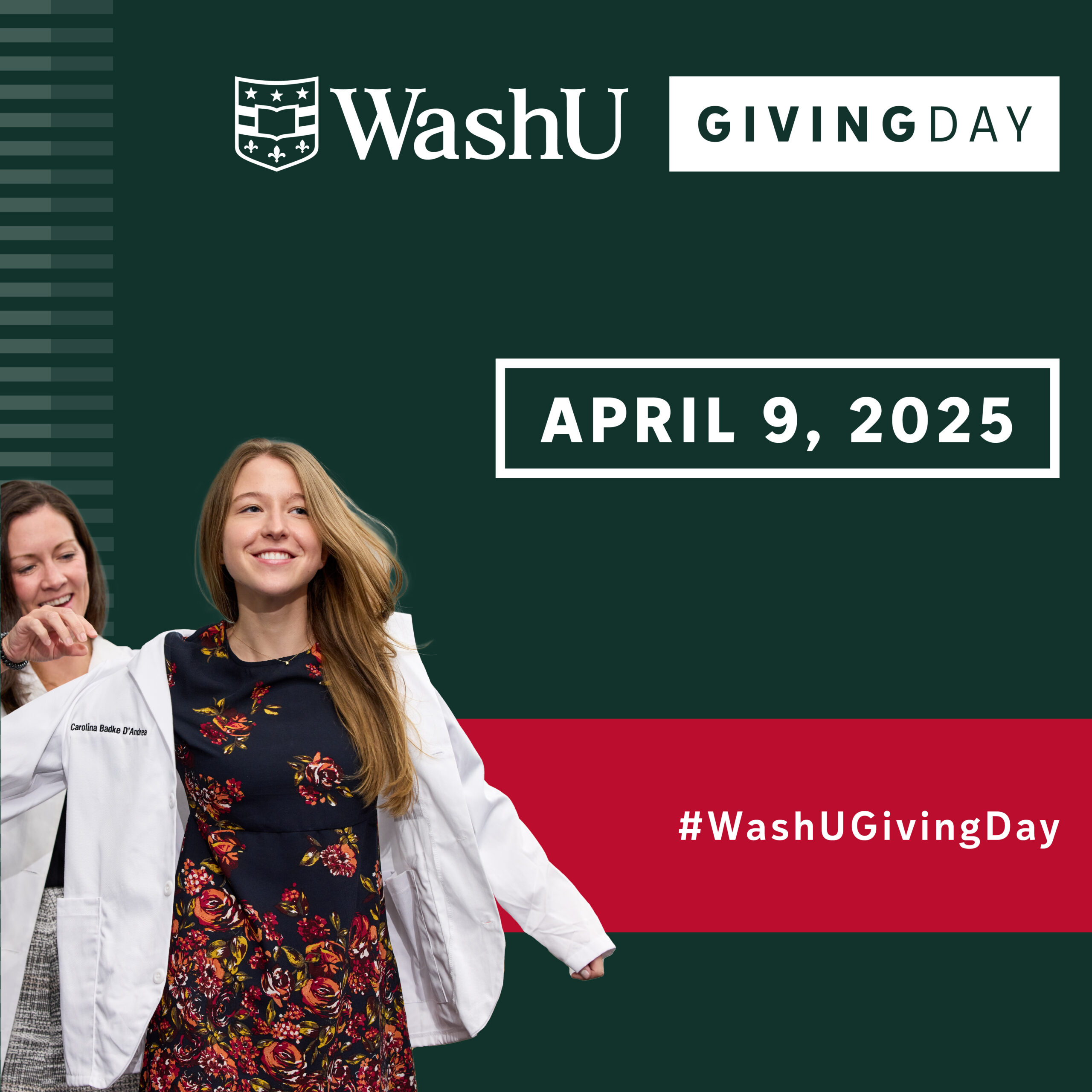 Social post image for WashU Giving Day featuring a medical student receiving her white coat