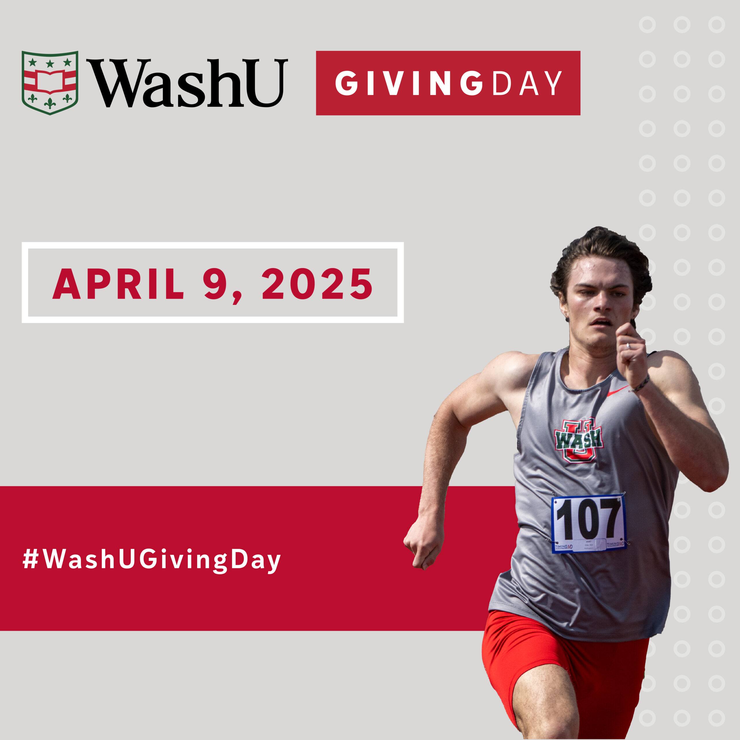 Social post image for WashU Giving Day featuring a track athlete