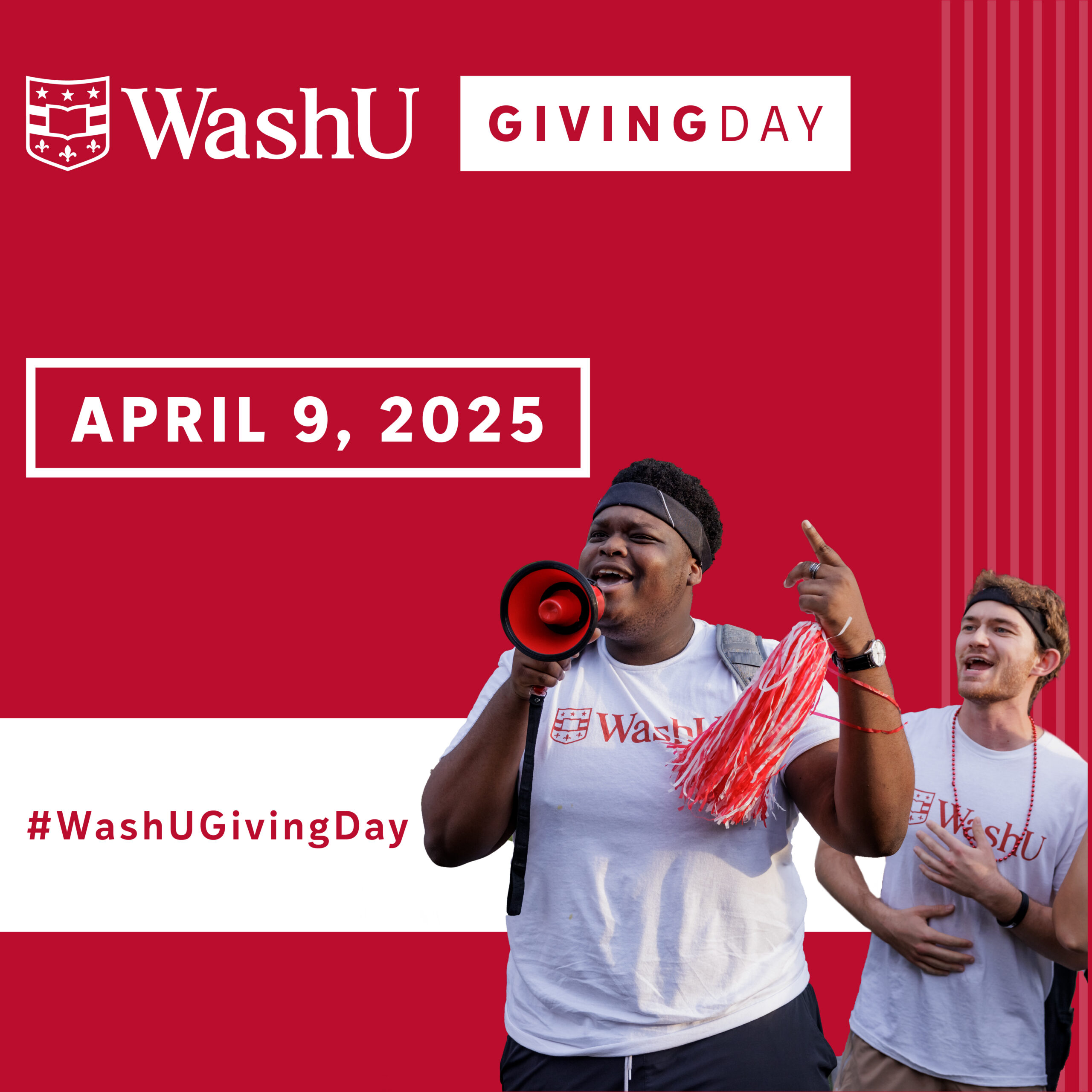 Social post image for WashU Giving Day featuring two cheering students