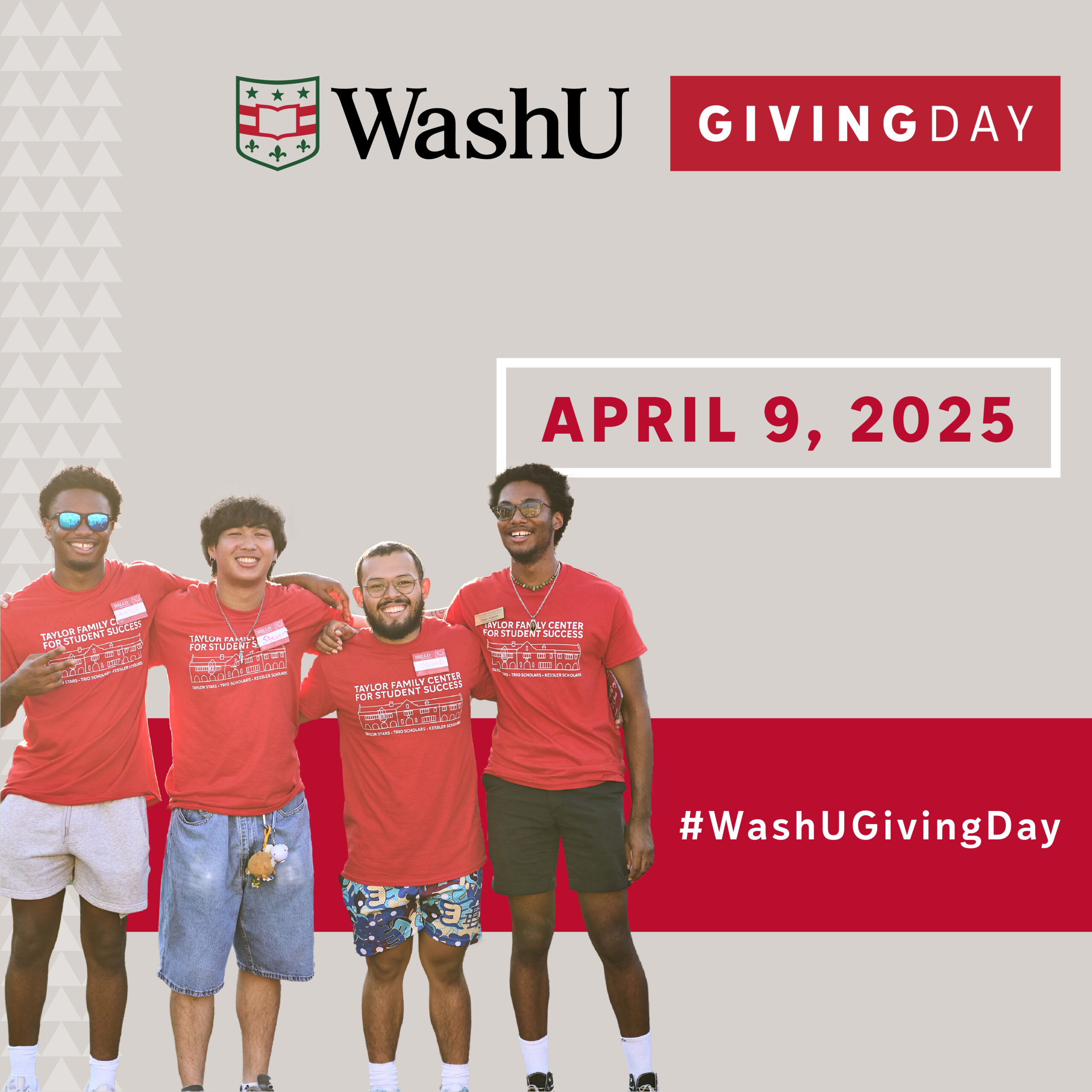 Social post image for WashU Giving Day featuring four students