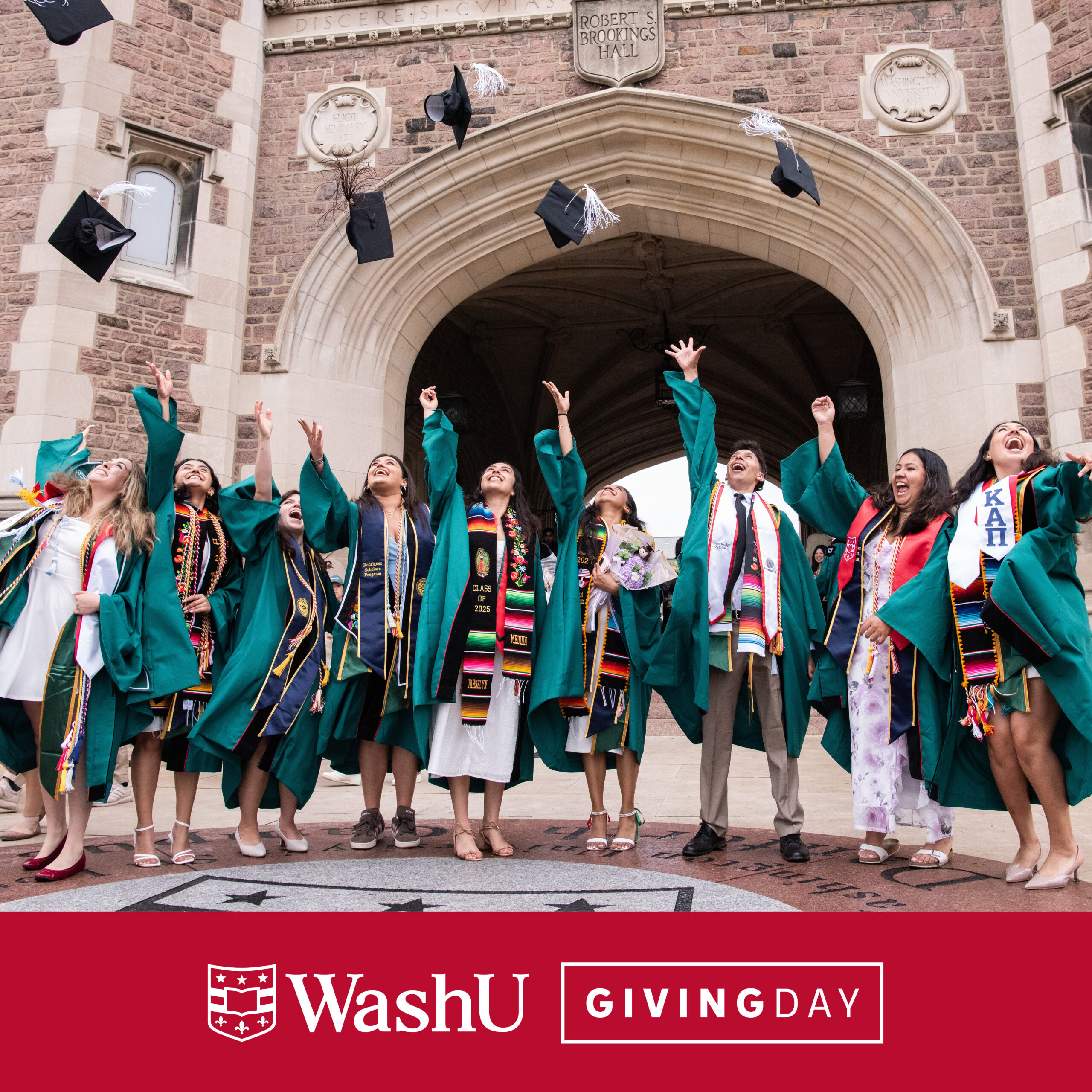 Social media graphic promoting WashU Giving Day featuring a group of graduates wearing green robes and throwing their caps into the air in front of Brookings Hall