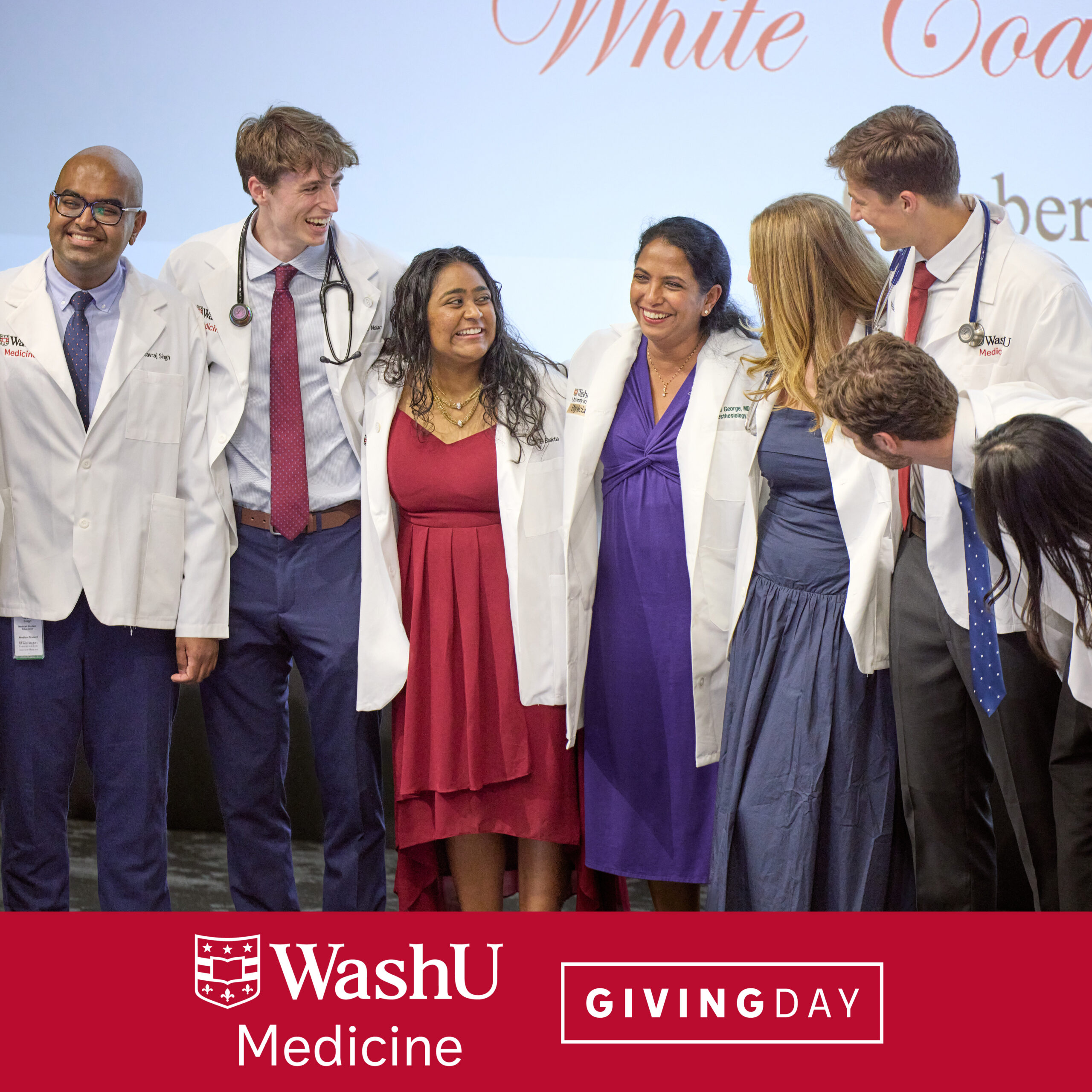 Social media graphic promoting WashU Medicine Giving Day featuring a group of doctors smiling during the annual White Coat Ceremony