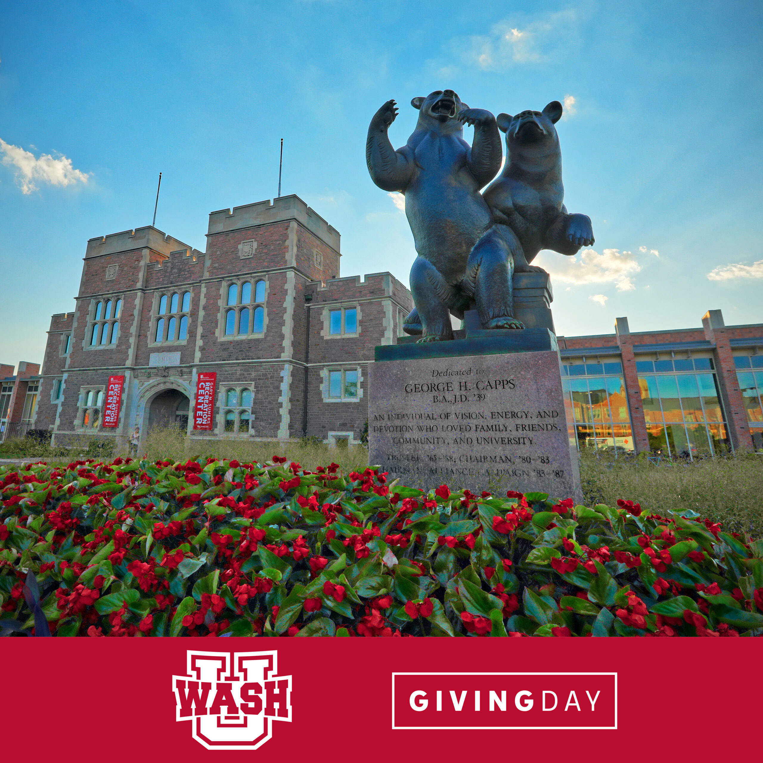 Social media image promoting WashU Athletics Giving Day featuring the Athletic Complex and the iconic bear statue in the foreground at dusk